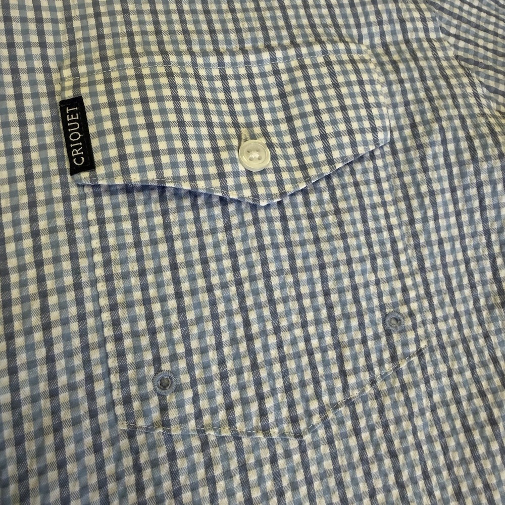 Criquet Mens Small Seersucker‎ Shirt Blue White Check Short Sleeve Vented - Picture 4 of 11